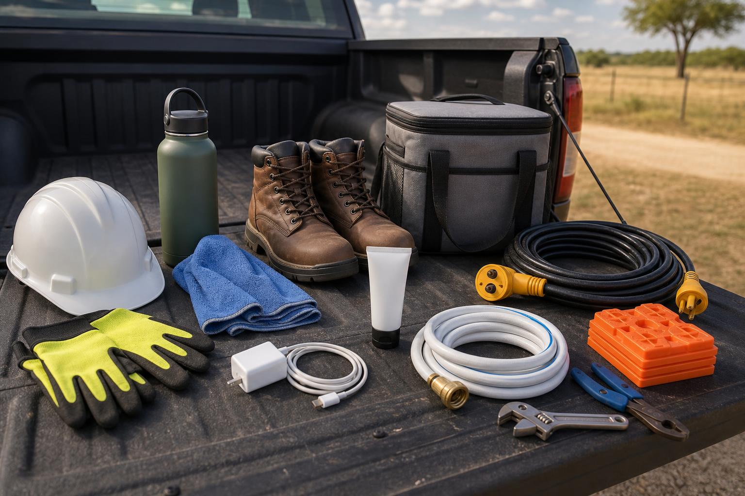 Work boots, hard hat, cooler, water bottle, and RV gear arranged on a pickup tailgate