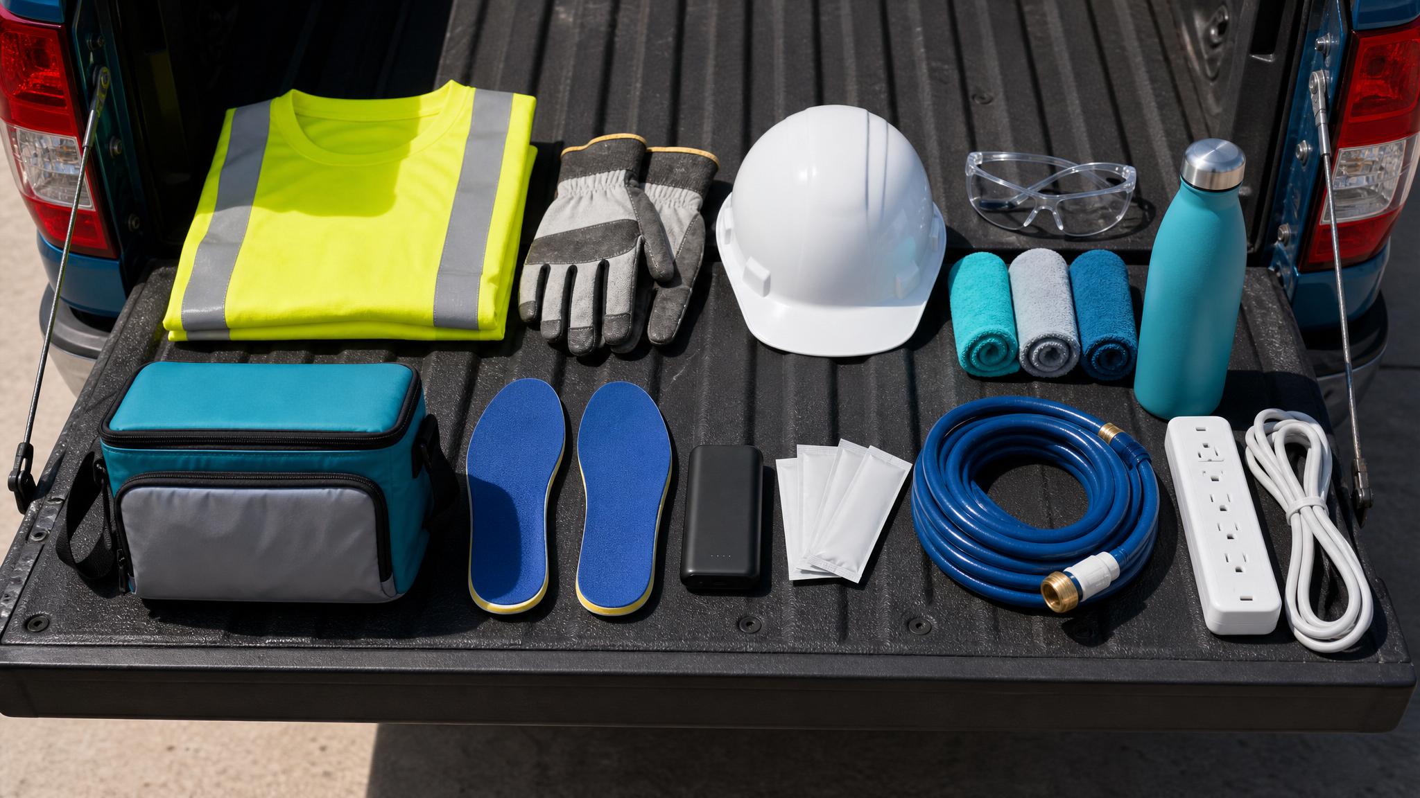Work boots, hard hat, cooler, water bottle, and RV gear arranged on a pickup tailgate